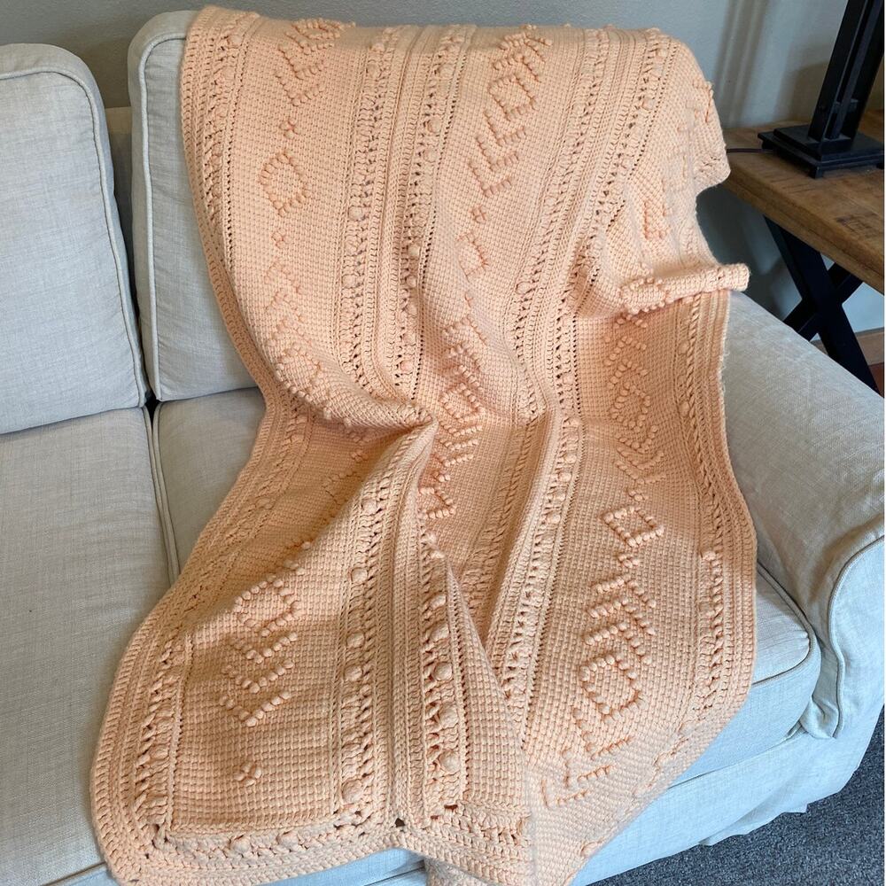 Handmade Crochet Peach Throw Crib Baby Blanket Mixed Stitch 33x30 Scallop Edge